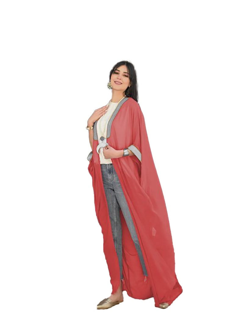 SunSet Kaftan Abaya Silver Embroidered Chiffon Sunset orange - Image 4